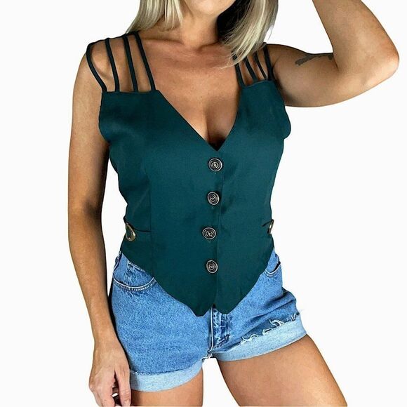 Vintage Rory Emerald Green Button Up Open Shoulder - Picture 1 of 6